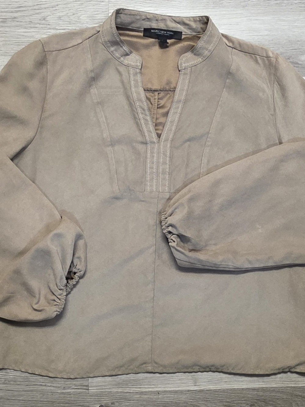 Marc New York Faux Suede Split Neck Blouse Top Tan Beige EUC L